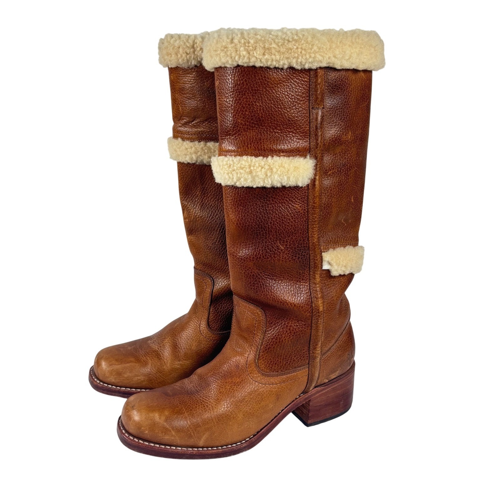 Frye 70s Campus Boots Shearling Trim Tall Leather Brown Pull On Rare Vtg Sz 10